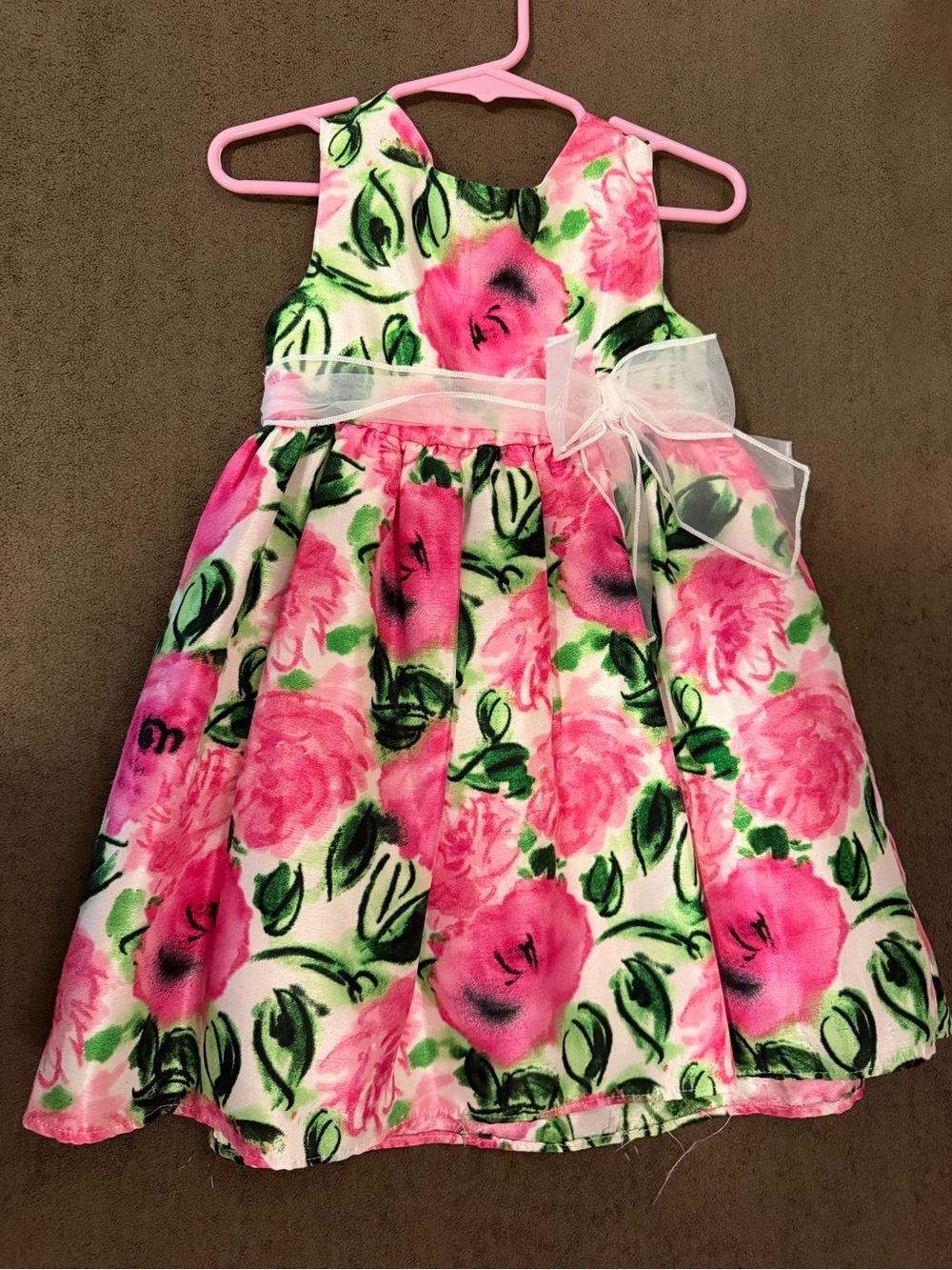 Sleeveless Pink Floral Party Dress with Organza Waist Bow